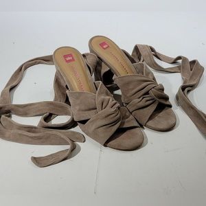 Elaine Turner Beige Tan Open Toe Lace Up Ankle Wrap Block Heel Shoe Size 7